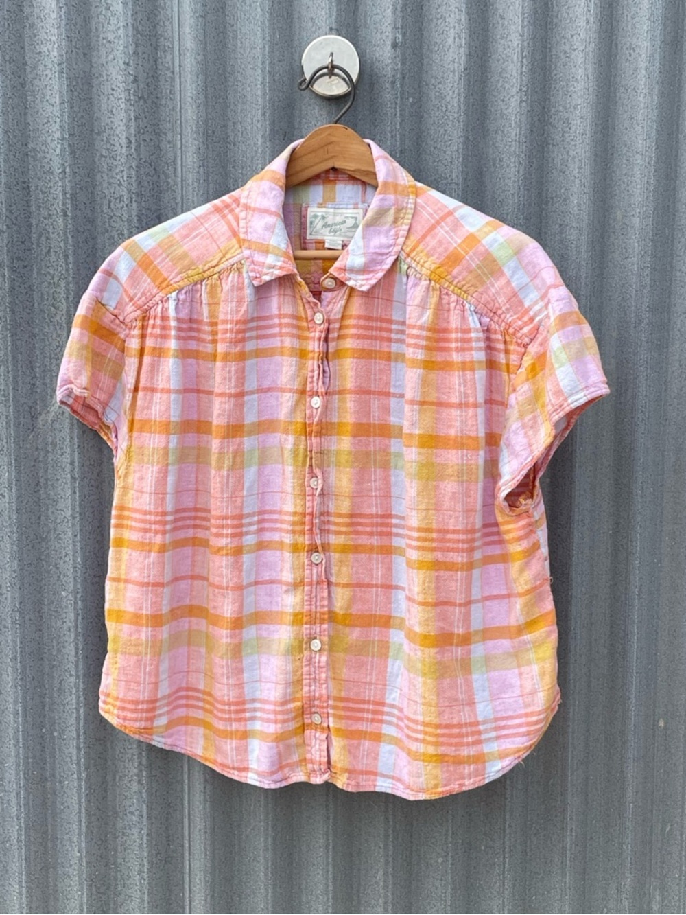 American Eagle Pink Orange Plaid Linen Blend Button Down Medium